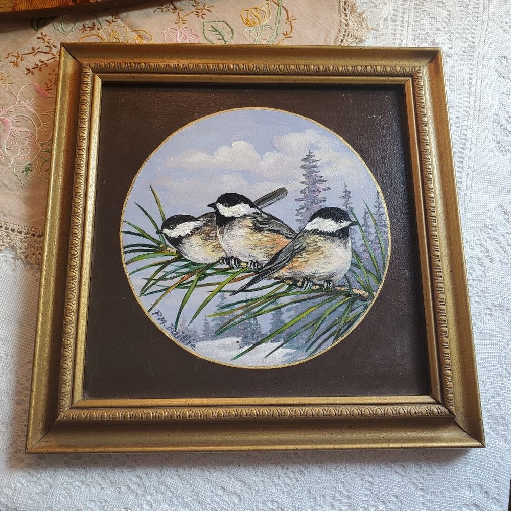 Chickadee Songbirds Original Painting signd P.M.Baillie Gold Wooden Frame